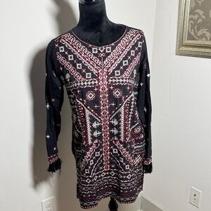 Agha Noor Black  Red / ivory Embroidered Tunic long sleeve top fringe cuffs Sz M
